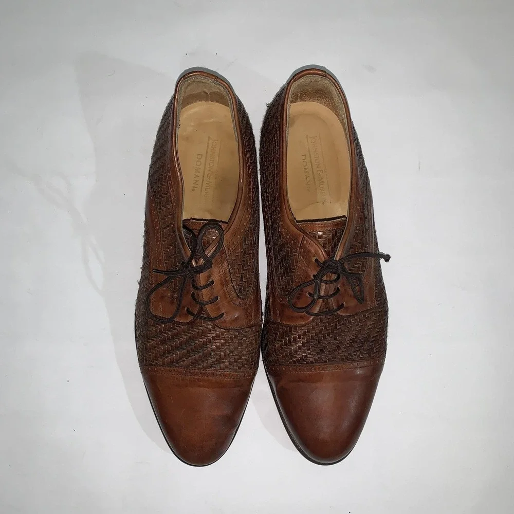 Johnston & Murphy Domani Shoes Mens 10.5 M Brown Woven Cap Toe Derby Dress Italy